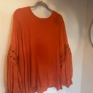 Sioni Orange Crochet-Sleeve Balloon-Sleeve Pullover